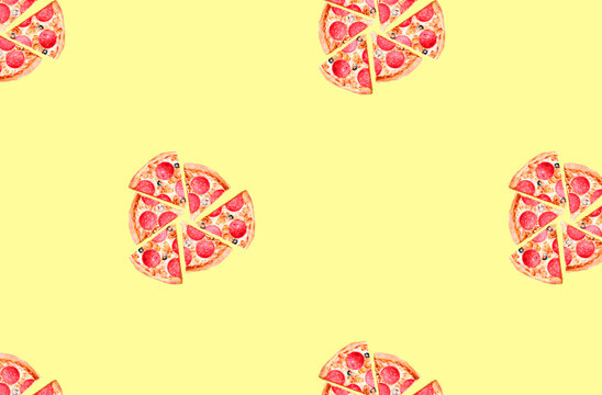 Seamless pattern slices of pepperoni pizza on a yellow background. Top view flat lay creative pattern
