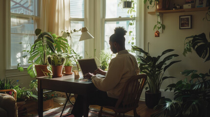 A person, bathed in warm sunlight, works from home in a cozy room filled with lush green plants, highlighting a serene and productive atmosphere.
