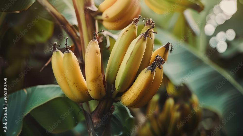 Sticker Ripe bananas hang in a bunch on a tree with lush green leaves, showcasing the richness of a tropical orchard.