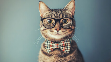 Portrait of a handsome fashionable cat. The cat is wearing a stylish bow tie and glasses, posing elegantly against a chic background.