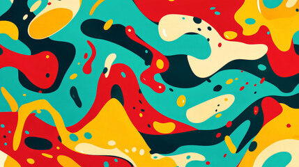 Naklejka premium A playful color splash abstract cartoon background with splashes of turquoise, red, and yellow. The design features fun shapes and curvy lines, adding a lively and cheerful vibe.