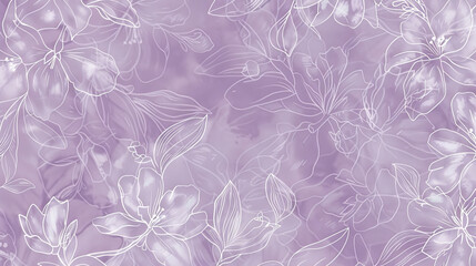 Fototapeta premium A lilac abstract background with a subtle floral pattern, featuring delicate outlines of flowers and leaves in white. The intricate design adds a touch of elegance and nature.