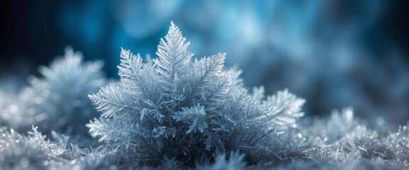 Beautiful crystals of hoarfrost close-up macro on a natural atmospheric blue background Winter snow background.