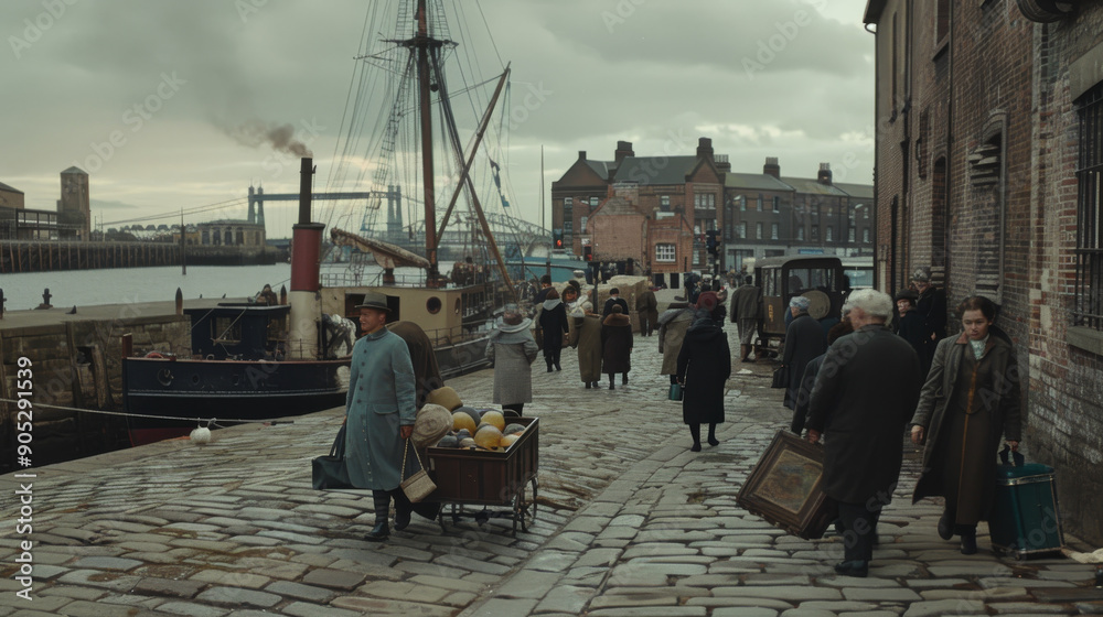 Wall mural Cobblestone path beside the docks with people moving through a foggy, early morning, vintage scene.