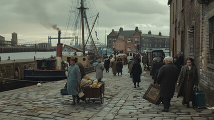 Cobblestone path beside the docks with people moving through a foggy, early morning, vintage scene.