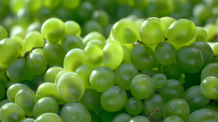 A vibrant display of fresh green grapes, filling the background completely. The grapes' crisp color and juicy appearance make them look incredibly tempting and fresh.