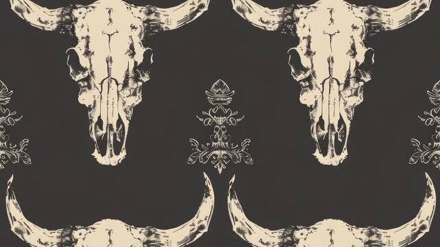 Seamless loop animation of pattern with bull skull on a dark gray background	