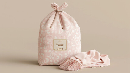 A fabric bag with a drawstring and a logo that says "Your Store". The bag is light pink and has a white and gold design. The bag contains a scarf that has a rectangular shape and a fringe. 