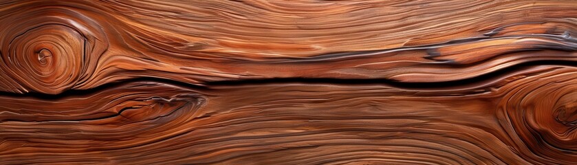 Close-up of rich brown wood grain with knots and a crack.