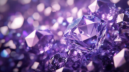 A diamond background featuring a detailed view of diamond facets with light reflections on a deep purple background. The rich color and intricate details create a luxurious visual.