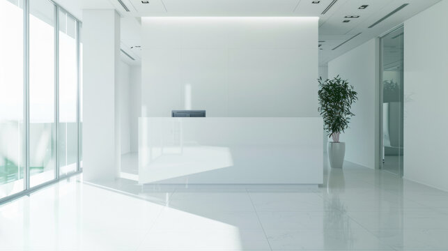 A bright, minimalist reception area with gleaming white surfaces, large windows, and natural light creating an airy and welcoming atmosphere for visitors.