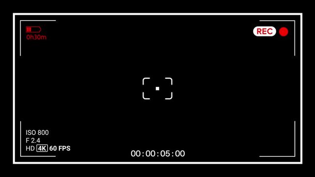 Low battery indicator video camera recording screen. Camcorder screen interface. Viewfinder camera recording screen