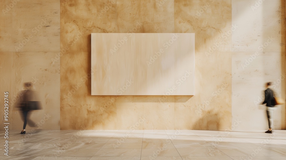Poster empty soft brown plaster wall with blank poster mockup and motion blur of people passing by in minim
