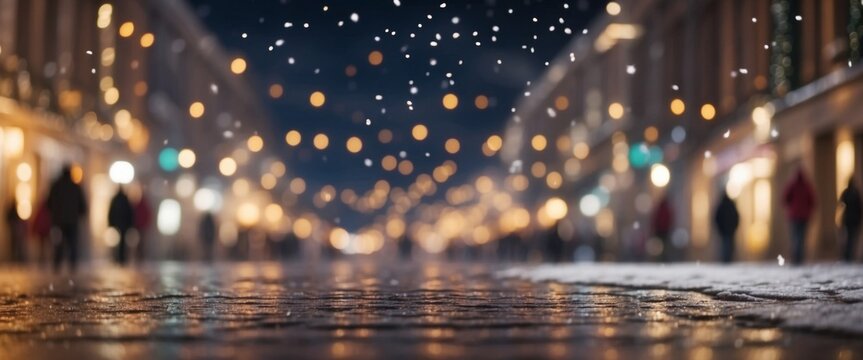 Beautiful blurred street of festive night or evening city with snowfall and Christmas lights Abstract christmas defocused background.