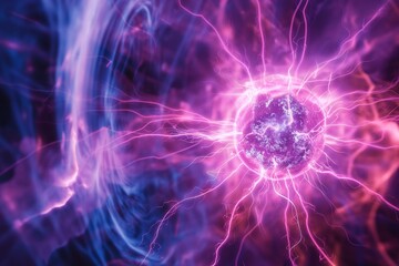 Obraz premium A striking abstract energy ball radiating bright pink and purple light with electric-like tendrils extending outward.