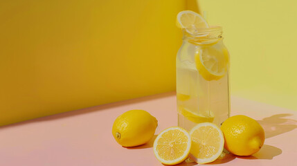 A mason jar of lemonade with fresh lemon slices is set against a cheerful yellow and pink backdrop, exuding refreshing summertime vibes.