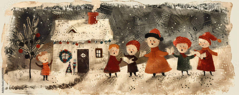 Wall mural Whimsical Christmas illustration of children singing carols in front of a cozy house, ideal for holiday-themed designs, festive greetings, and seasonal promotional materials