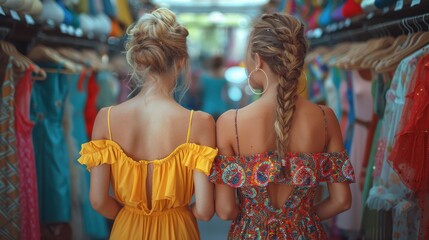 Obraz premium Two young women, seen from behind, explore a vibrant clothing store aisle teeming with colorful dresses and garments, capturing the joy and excitement of shopping and fashion.