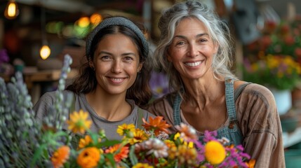 Obraz premium Two smiling women in a flower shop surrounded by vibrant, colorful flowers, showcasing the beauty of nature, community spirit, and the joy of working with flowers.