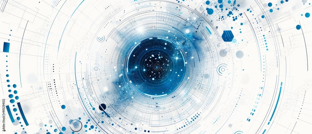 Wall mural an abstract blue design with a rotating circle surrounded by geometric shapes on a white background 