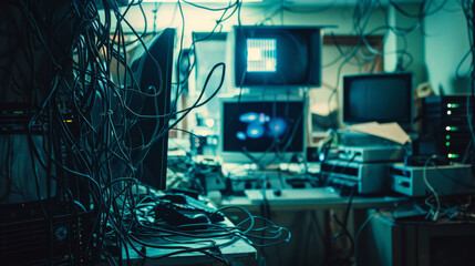 A cluttered tech workspace features numerous tangled wires and multiple screens displaying various data, creating a chaotic yet intriguing environment.