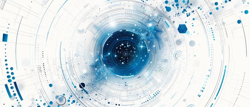 An abstract blue design with a rotating circle surrounded by geometric shapes on a white background conveys tech, data, and cosmic themes.