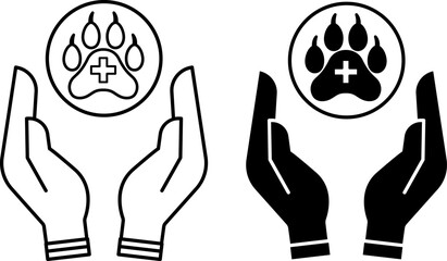 Pet Care Icons. Black and White Vector Icons. Animal Paw with Cross and Human Hands. Help Animals, Volunteer, or Donate