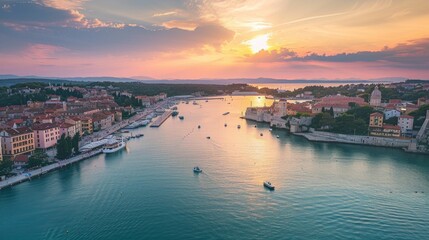 Fototapeta premium A sunset over a coastal city with boats, a fort, and vibrant colors creates a serene and dreamlike atmosphere, showcasing European charm and historical significance.