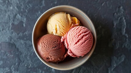 multicolored ice cream in a plate on a neutral dark background