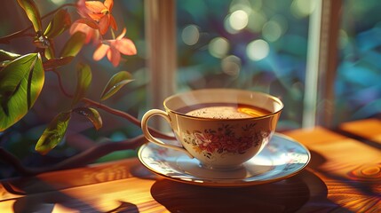 photo of a cup of coffee with a flower on a windowsill against the background of a window