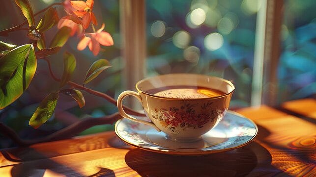 photo of a cup of coffee with a flower on a windowsill against the background of a window