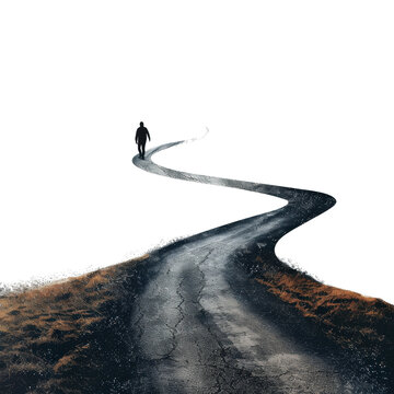 A lone person walking on a winding, cracked road through a barren landscape, symbolizing a solitary journey or path in life.