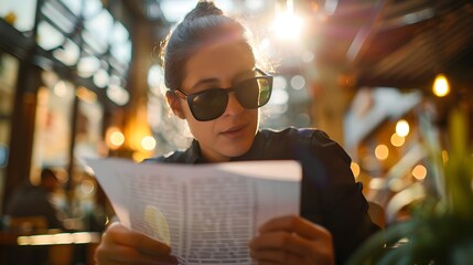 Visually Impaired Person Reading Braille Menu in Restaurant