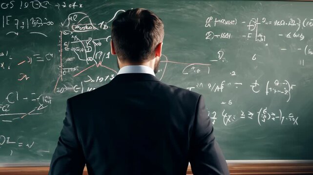 Businessman or professor analyzing complex data on chalkboard, strategic planning or problem-solving concept