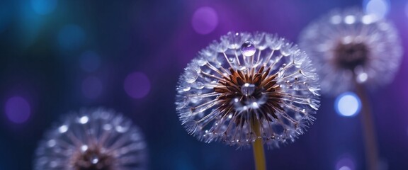 Fototapeta premium Beautiful dew drops on a dandelion seed Close-up Sparkling bokeh Beautiful light blue and violet background.