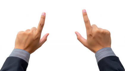  two hands in a business suit, with both index fingers pointing upwards. The gesture is clear and assertive cut out transparent isolated on white background PNG
