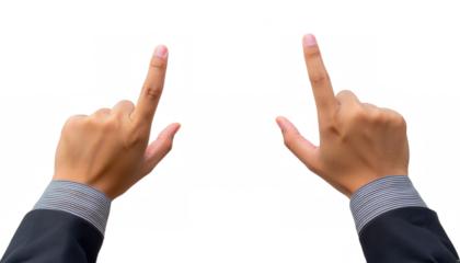  two hands in a business suit, with both index fingers pointing upwards. The gesture is clear and assertive cut out transparent isolated on white background PNG