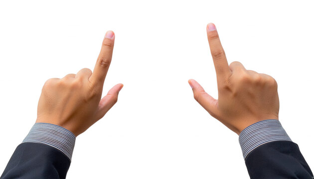  two hands in a business suit, with both index fingers pointing upwards. The gesture is clear and assertive cut out transparent isolated on white background PNG
