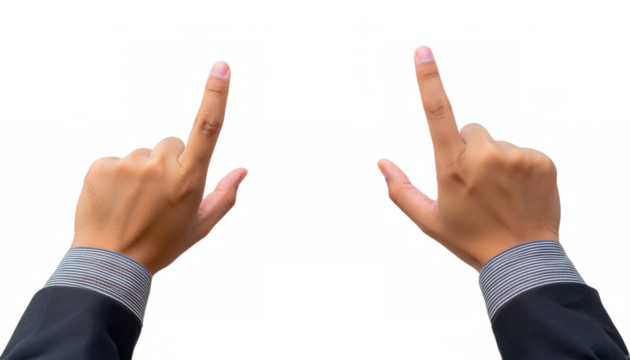  two hands in a business suit, with both index fingers pointing upwards. The gesture is clear and assertive cut out transparent isolated on white background PNG