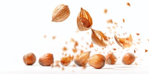 Fototapeta premium Falling Peeled Hazelnuts Isolated on White Background: Nutrient-Rich Nuts Showcasing Healthy Snacking and Fiber-Packed Nutrition. Perfect for Wellness Campaigns, Wholesome Diet Advertising, and Dynam