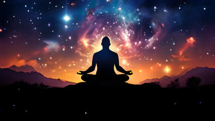 silhouette of a person in lotus position levitating slightly as they meditate under a vast sky