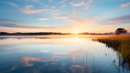 Fototapeta premium serene dreamy landscape pastel color palette floating clouds reflected in a tranquil lake 