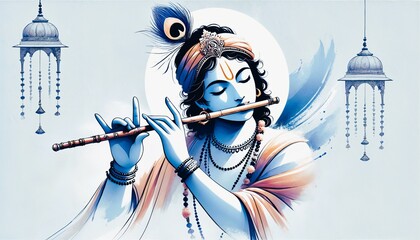 Illustration of lord krishna playing flute for janmashtami.