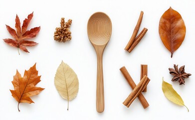 SCinnamon sticks and a wooden spoon with ground cinnamon powder were ejected onto a white background in the style of offset sailing for a food photo