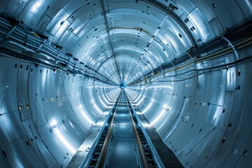 A stunning view of a modern tunnel illuminated by bright LED lights, showcasing advanced engineering.