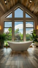 bathroom with modern bathtub, large windows wood texture and some plants