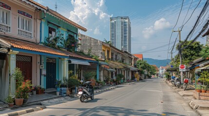 Charming Shophouses of Southeast Asia: A vibrant street scene captures the charm of traditional Southeast Asian shophouses, with their colorful facades and bustling atmosphere