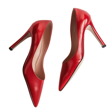Elegant pair of vibrant red high-heeled shoes on a clean white background, perfect for fashion and accessory themes.