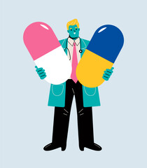Male doctor hold a big pill. Colored flat vector illustration