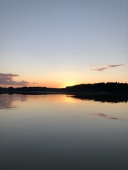  Sunset at the lake in the forest, Canadian, American nature, norden view, summer 